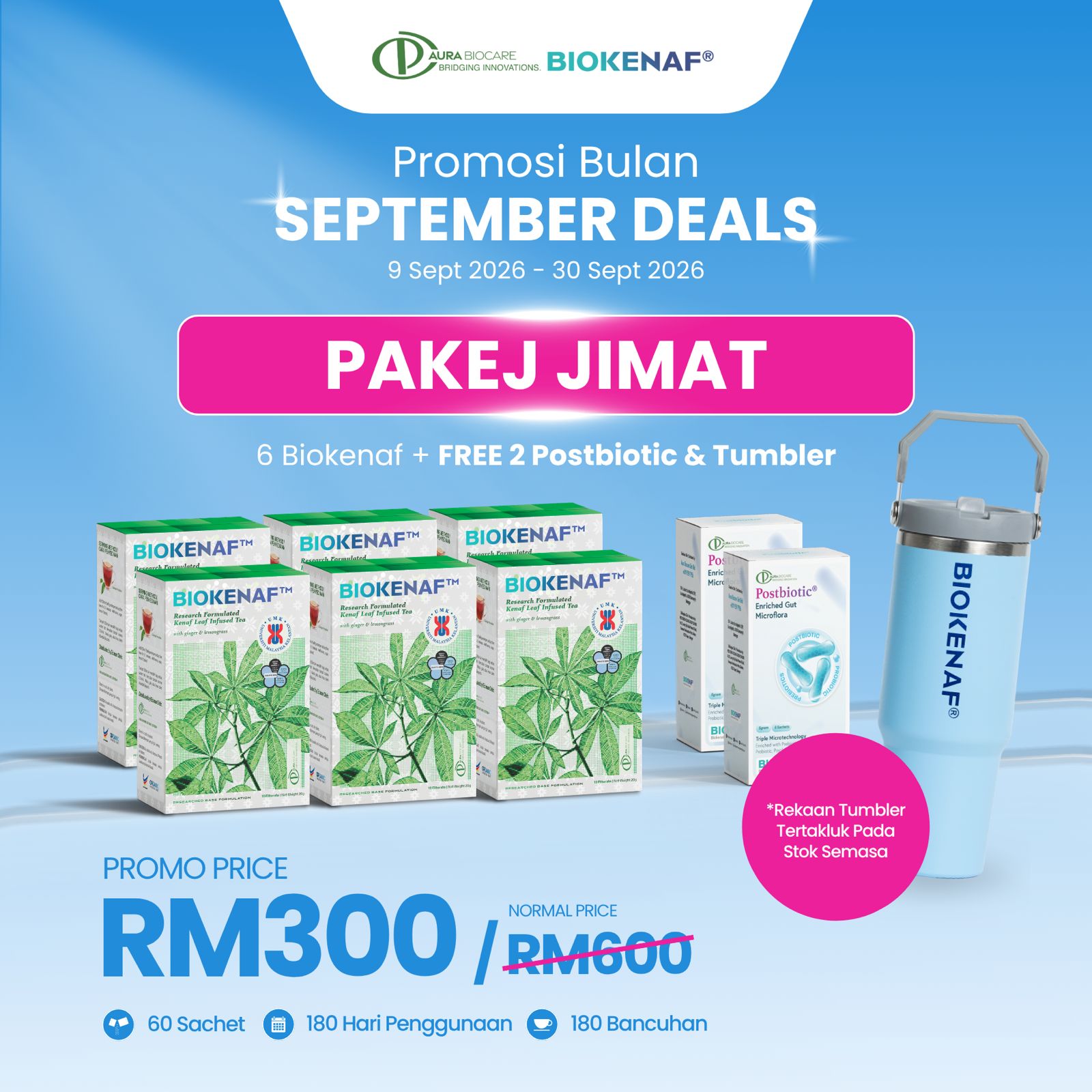Pakej Jimat (6 Biokenaf + Free 2 Postbiotic & Tumbler)